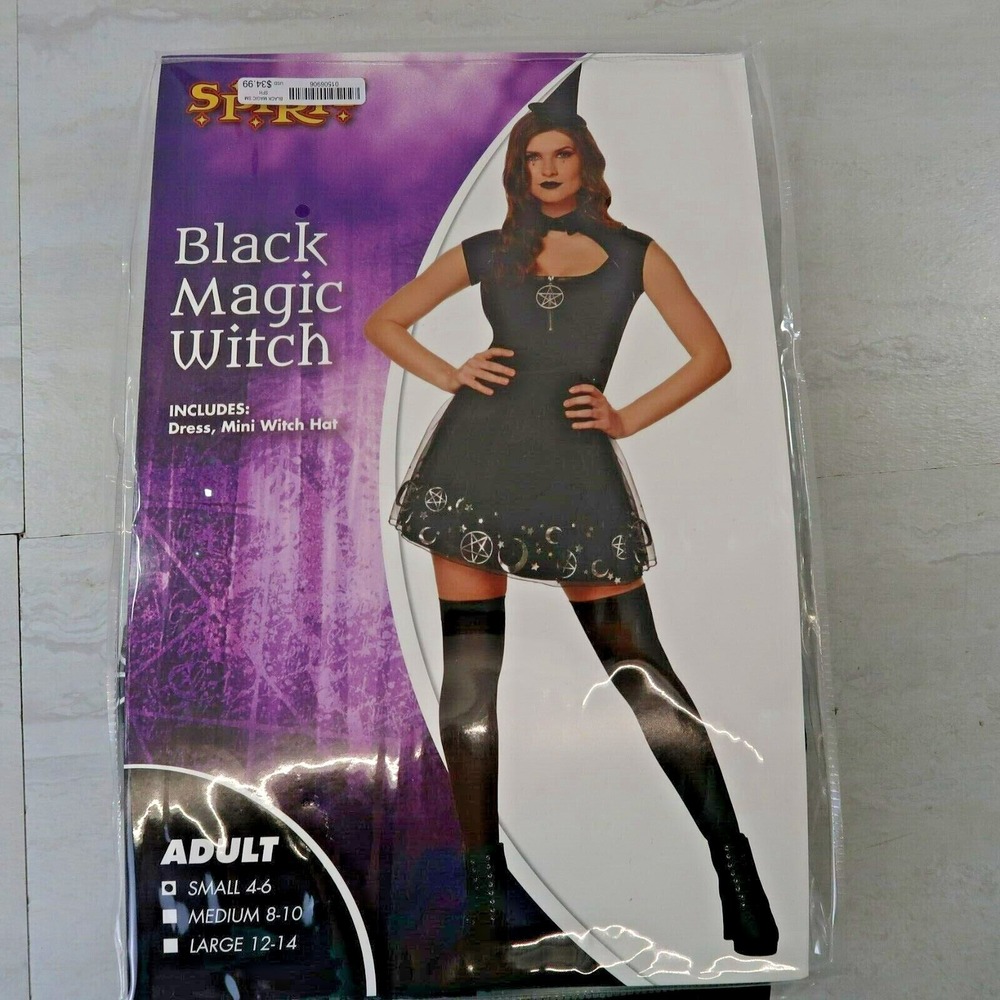 Spirit Black Magic Witch Halloween Costume Black Dress Mini Witch Hat Gloves S